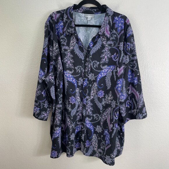 Catherines Womens Plus 3X Blouse Purple Black Floral Roll Tab Sleeve Shirt Top - Picture 7 of 11